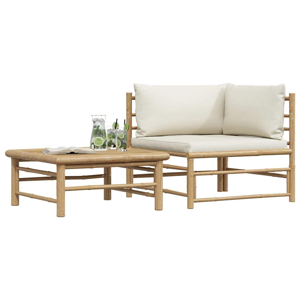 vidaXL 2 Piece Garden Lounge Set with Cream White Cushions Bamboo