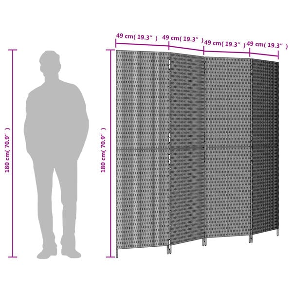 vidaXL Room Divider 4 Panels Black Poly Rattan