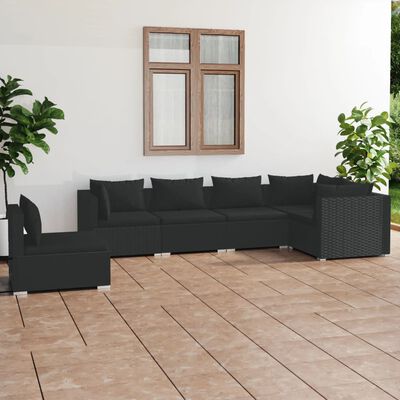vidaXL 6 Piece Garden Lounge Set with Cushions Poly Rattan Black, black vidaXL 6 Piece Garden Lounge Set with Cushions Poly Rattan Black