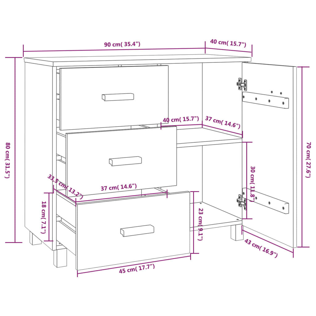 vidaXL Sideboard HAMAR Light Grey 90x40x80 cm Solid Pinewood