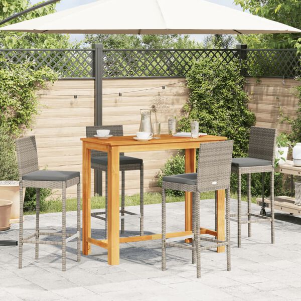 vidaXL 5 Piece Garden Bar Set Grey Solid Wood Acacia and Poly Rattan