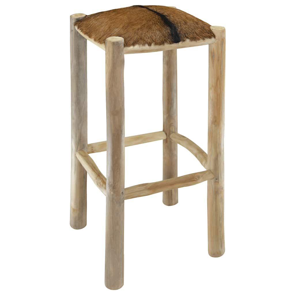 vidaXL Bar Stool Real Leather and Solid Teak Wood