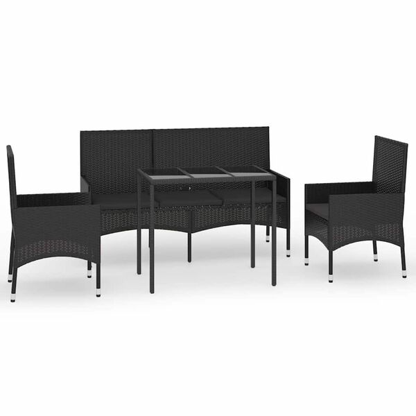 vidaXL 4 Piece Garden Lounge Set with Cushions Black Poly Rattan