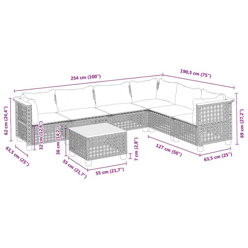 vidaXL 7 Piece Garden Sofa Set with Cushions Black Poly Rattan