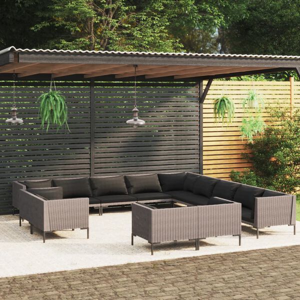 vidaXL 13 Piece Garden Lounge Set with Cushions Poly Rattan Dark Grey