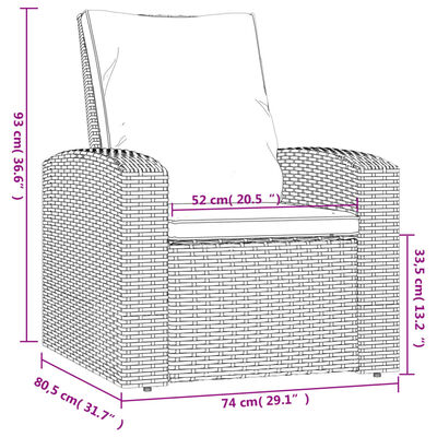 vidaXL Garden Reclining Chair with Cushions Grey Poly Rattan