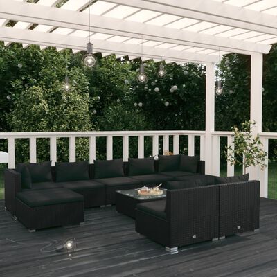 vidaXL 10 Piece Garden Lounge Set with Cushions Black Poly Rattan, black vidaXL 10 Piece Garden Lounge Set with Cushions Black Poly Rattan
