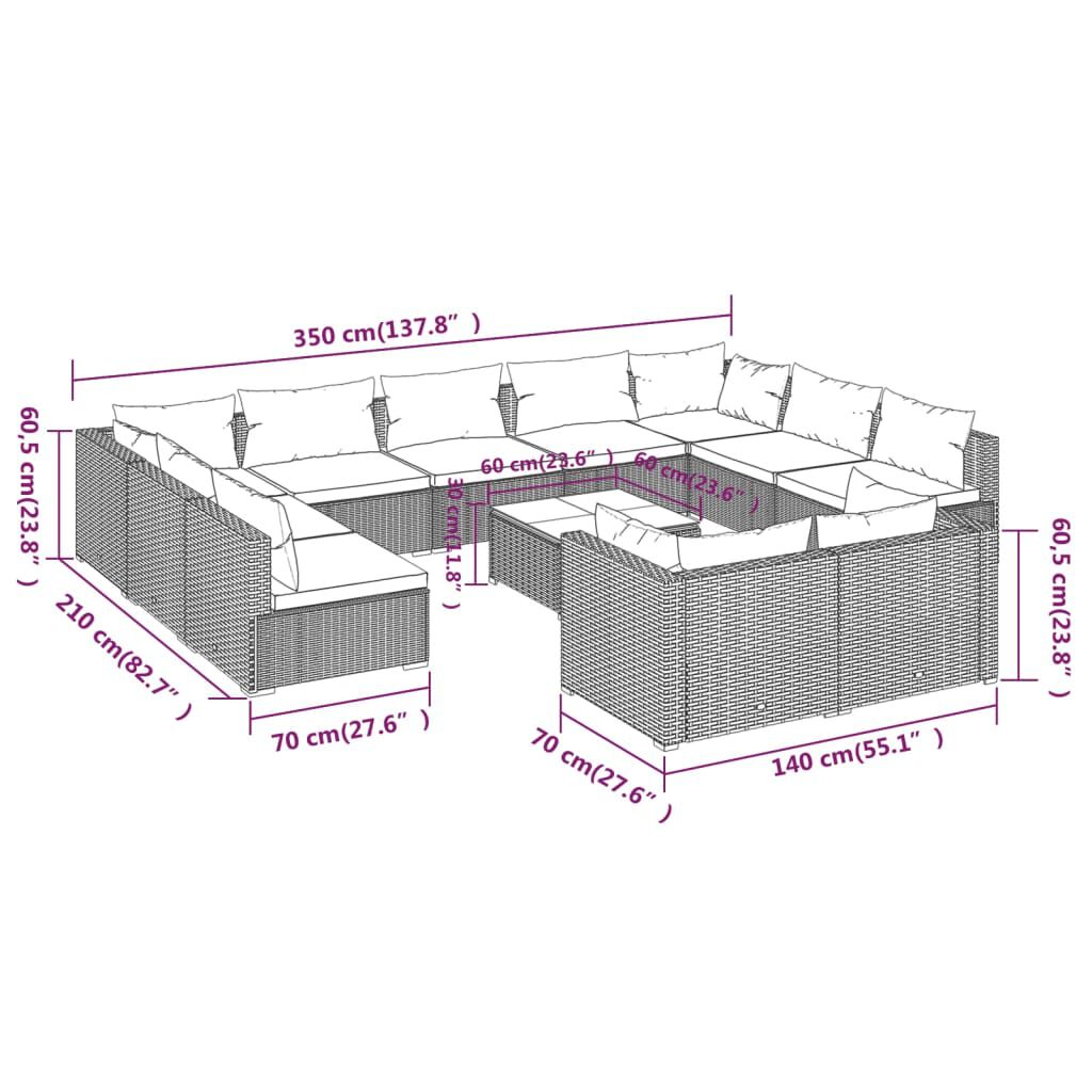 vidaXL 12 Piece Garden Lounge Set with Cushions Grey Poly Rattan