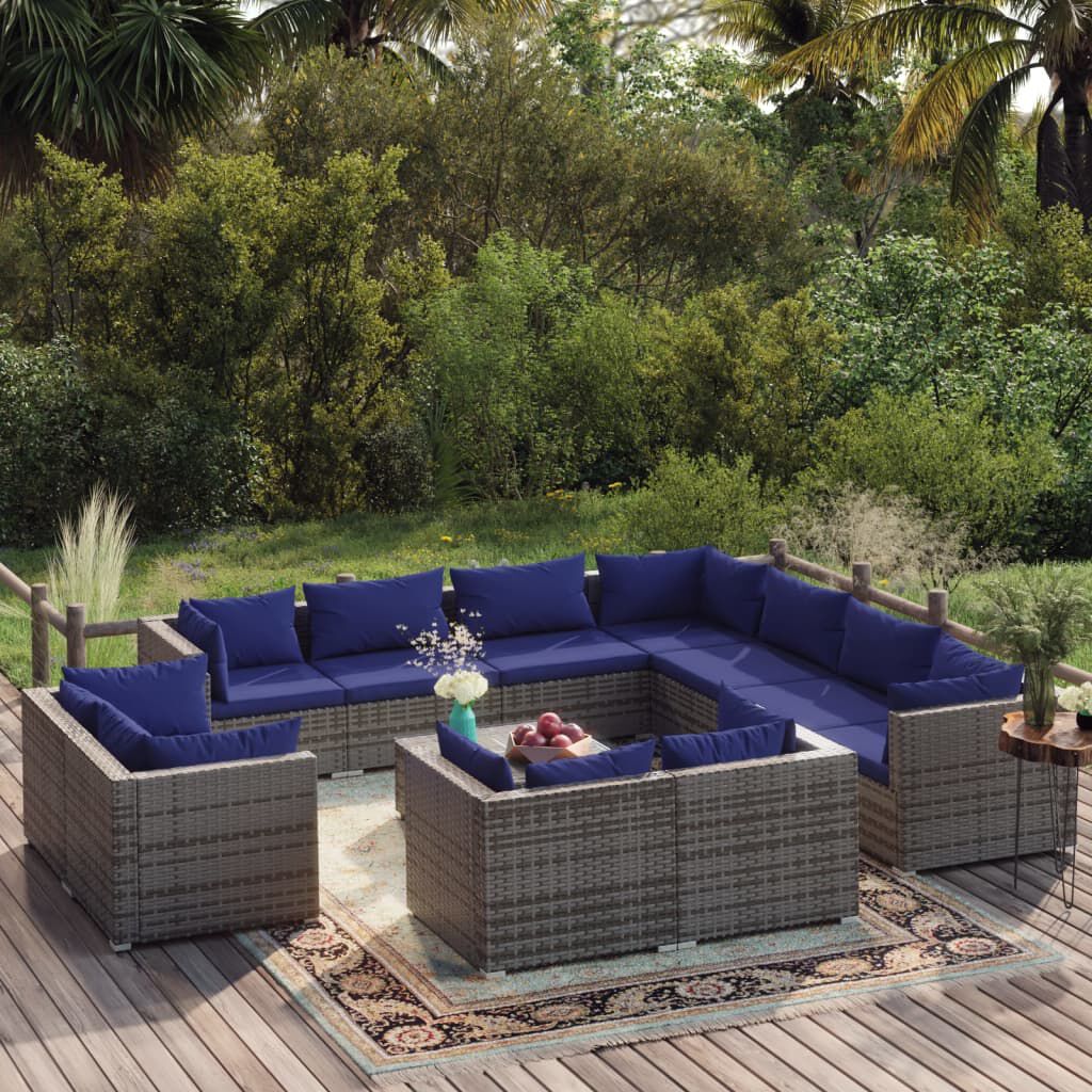 vidaXL 12 Piece Garden Lounge Set with Cushions Grey Poly Rattan