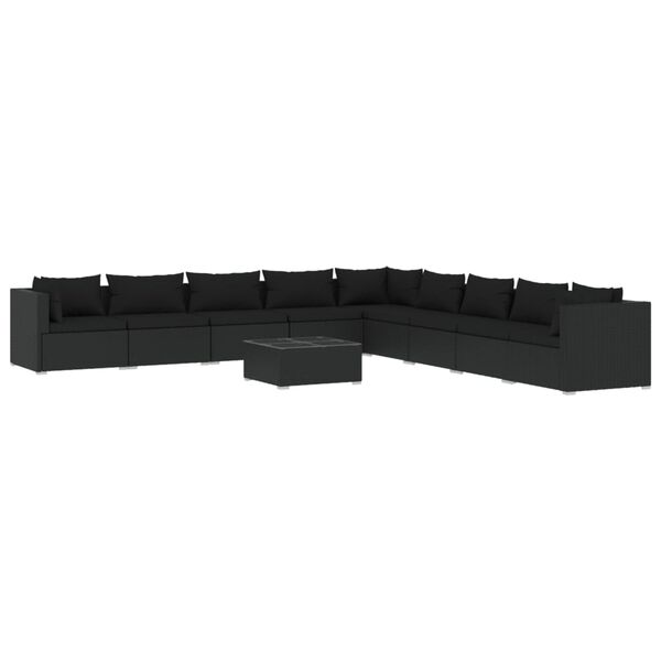 vidaXL 10 Piece Garden Lounge Set with Cushions Poly Rattan Black