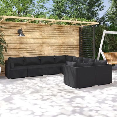 vidaXL 8 Piece Garden Lounge Set with Cushions Poly Rattan Black, black vidaXL 8 Piece Garden Lounge Set with Cushions Poly Rattan Black