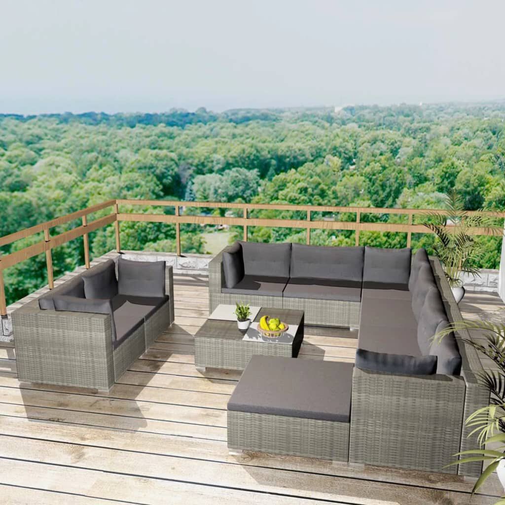 vidaXL 10 Piece Garden Lounge Set with Cushions Poly Rattan Grey