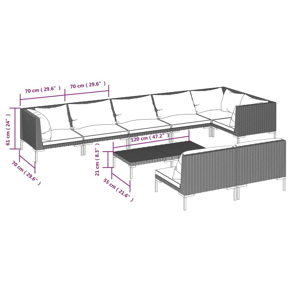 vidaXL 9 Piece Garden Lounge Set with Cushions Poly Rattan Dark Grey