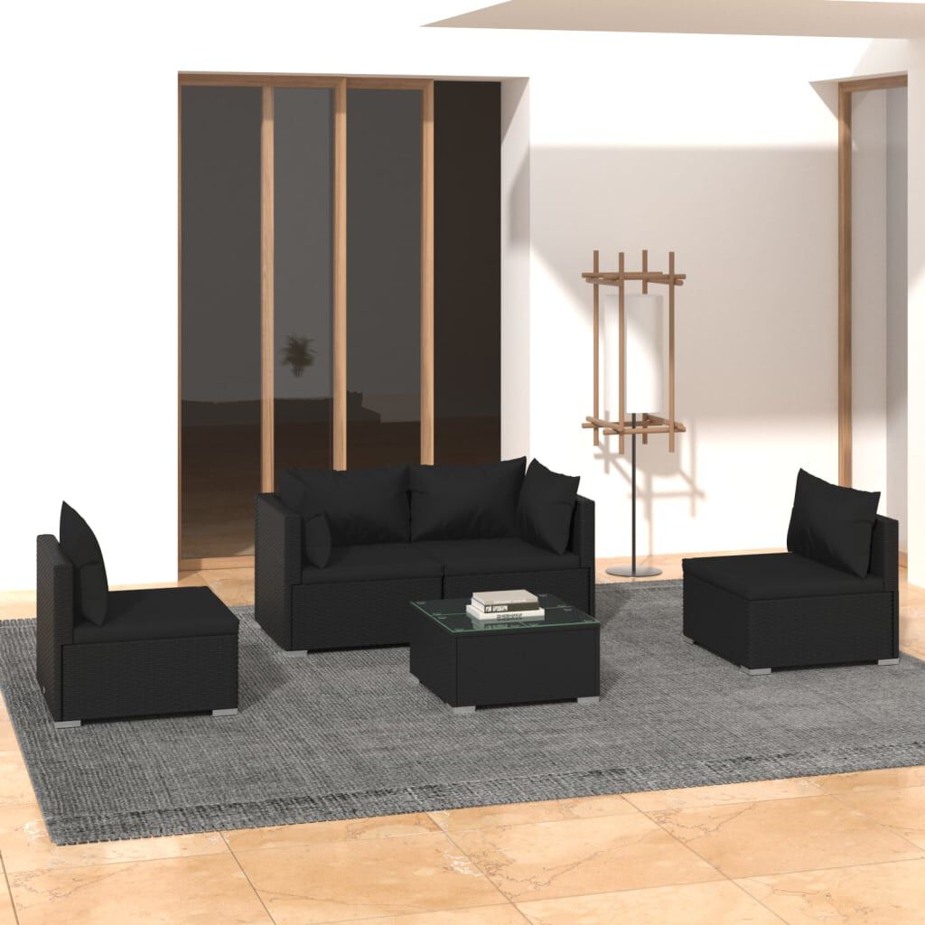 vidaXL 5 Piece Garden Lounge Set with Cushions Poly Rattan Black