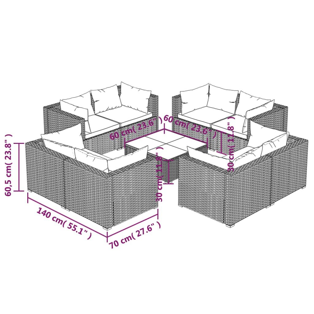 vidaXL 9 Piece Garden Lounge Set with Cushions Poly Rattan Grey