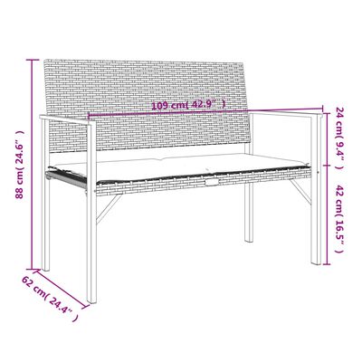 vidaXL 2-Seater Garden Bench with Cushion Grey Poly Rattan