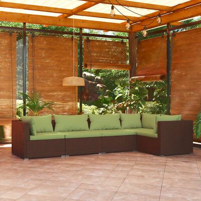 vidaXL 5 Piece Garden Lounge Set with Cushions Poly Rattan Brown, brown and green vidaXL 5 Piece Garden Lounge Set with Cushions Poly Rattan Brown