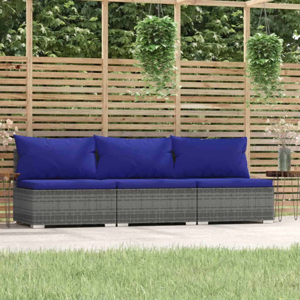 vidaXL 3-Seater Sofa with Cushions Grey Poly Rattan