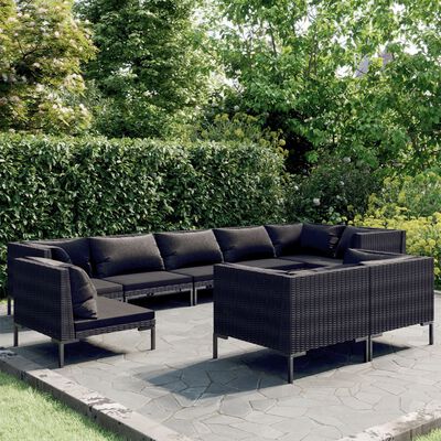 vidaXL 9 Piece Garden Lounge Set with Cushions Round Rattan Dark Grey,  vidaXL 9 Piece Garden Lounge Set with Cushions Round Rattan Dark Grey