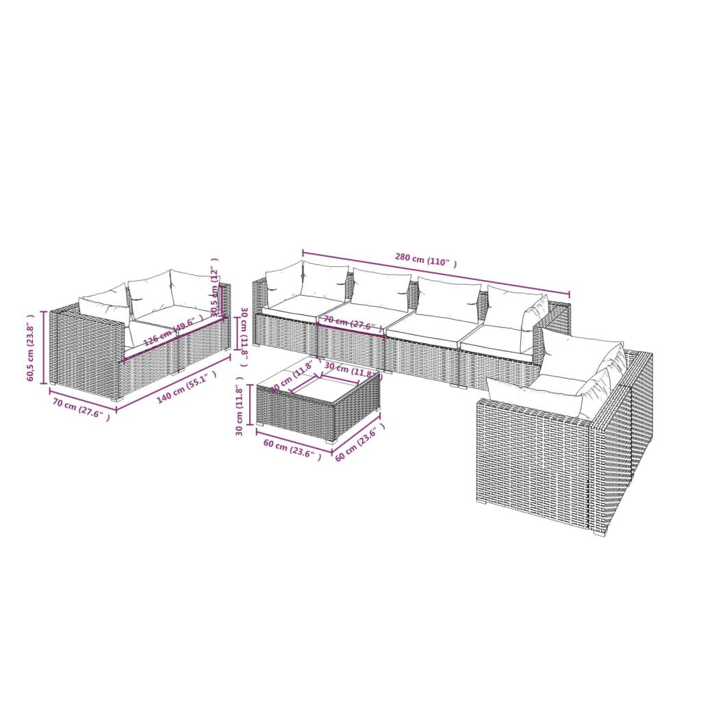 vidaXL 9 Piece Garden Lounge Set with Cushions Poly Rattan Brown