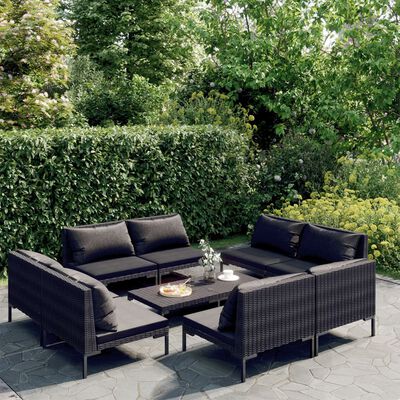 vidaXL 9 Piece Garden Lounge Set with Cushions Poly Rattan Dark Grey,  vidaXL 9 Piece Garden Lounge Set with Cushions Poly Rattan Dark Grey