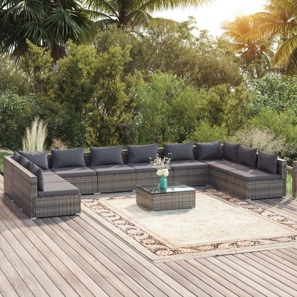 vidaXL 11 Piece Garden Lounge Set with Cushions Poly Rattan Grey