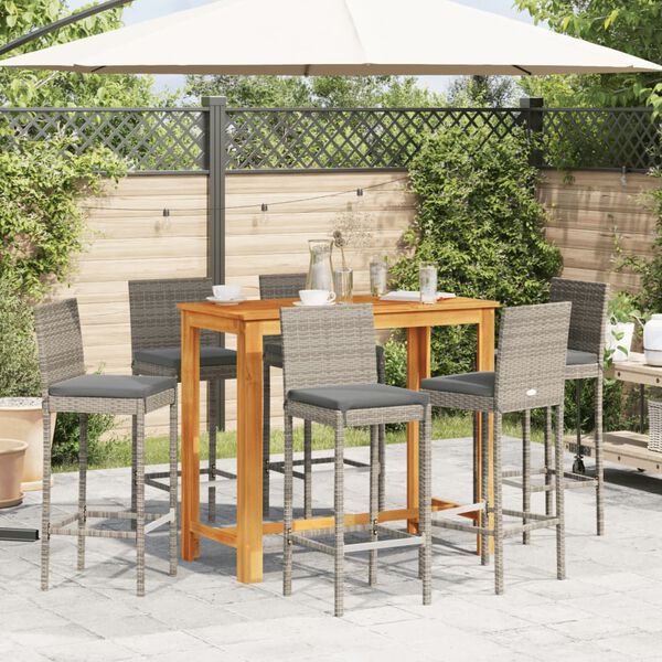 vidaXL 7 Piece Garden Bar Set Grey Solid Wood Acacia and Poly Rattan