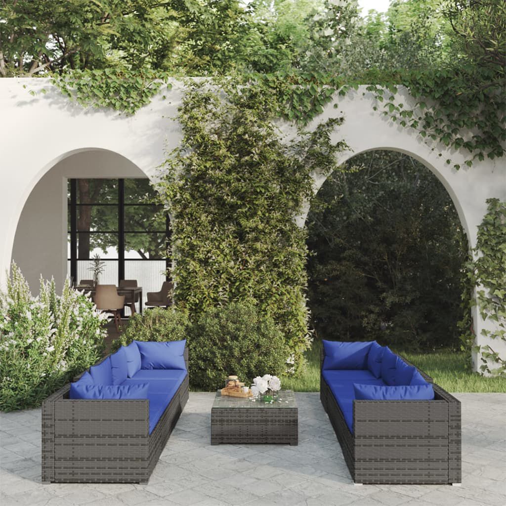vidaXL 9 Piece Garden Lounge Set with Cushions Poly Rattan Grey