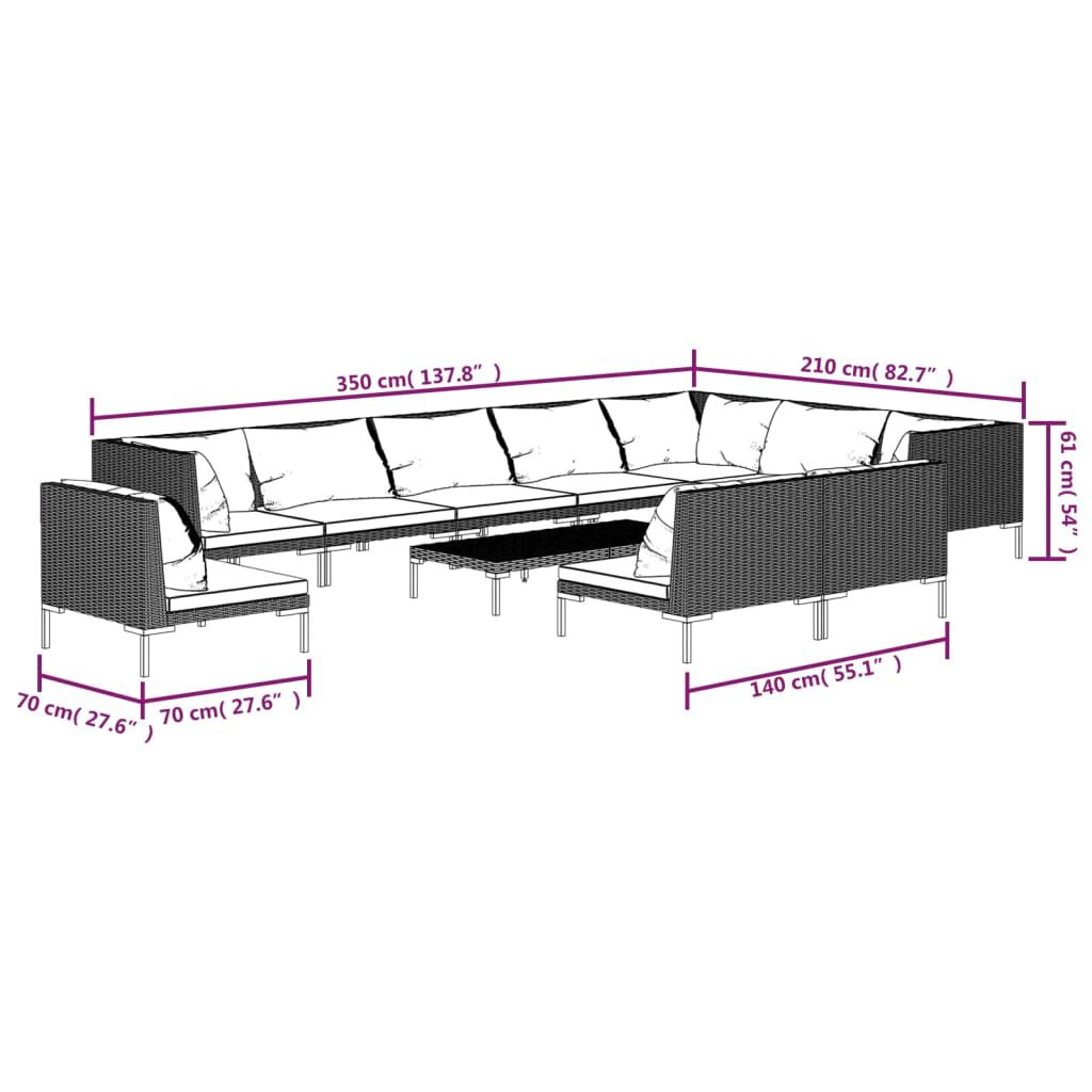 vidaXL 11 Piece Garden Lounge Set with Cushions Poly Rattan Dark Grey