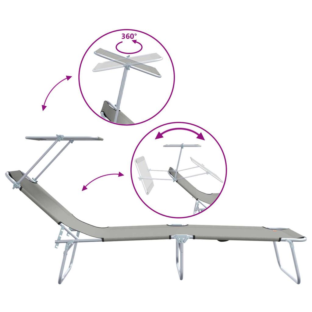 vidaXL Folding Sun Lounger with Canopy Steel Grey
