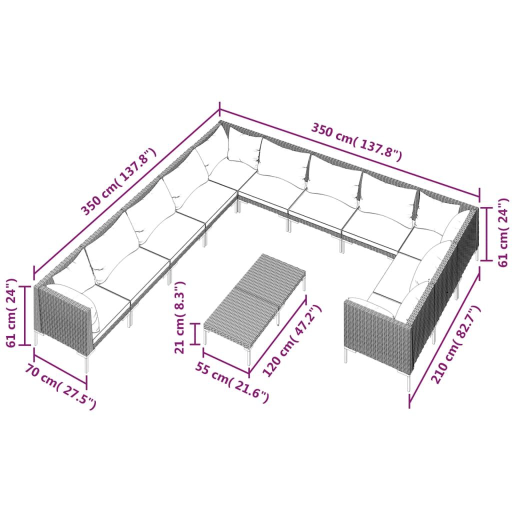 vidaXL 12 Piece Garden Lounge Set with Cushions Poly Rattan Dark Grey
