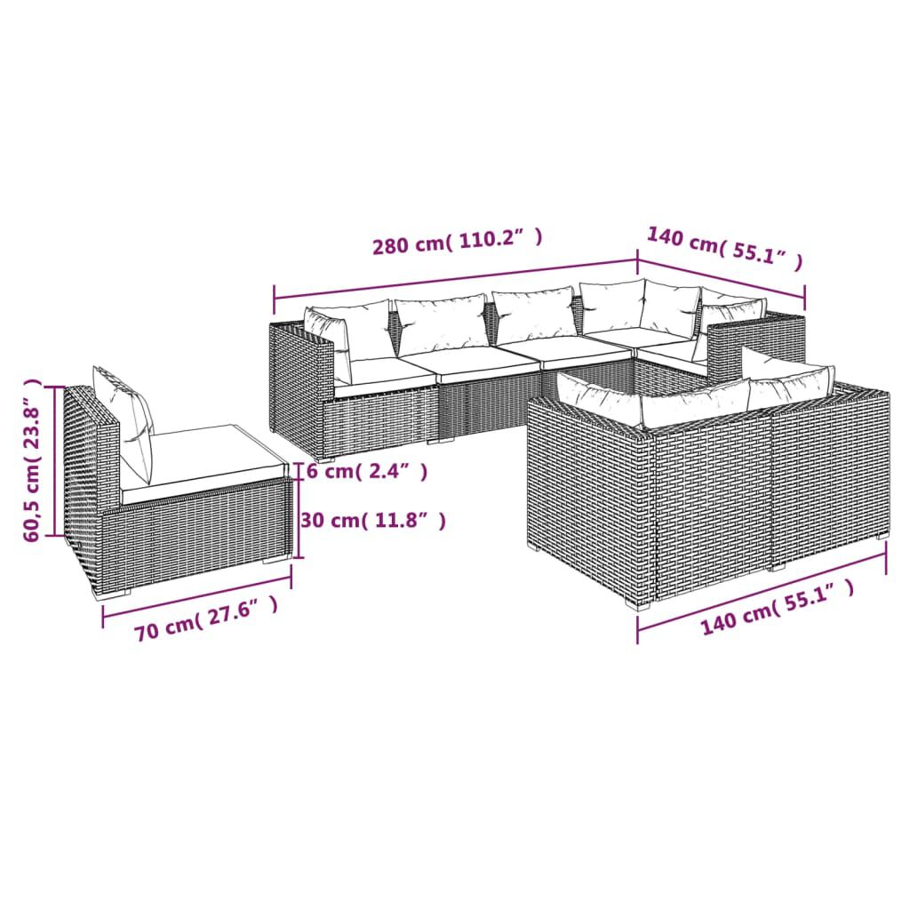 vidaXL 8 Piece Garden Lounge Set with Cushions Poly Rattan Black