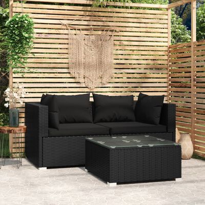 vidaXL 3 Piece Garden Lounge Set with Cushions Black Poly Rattan