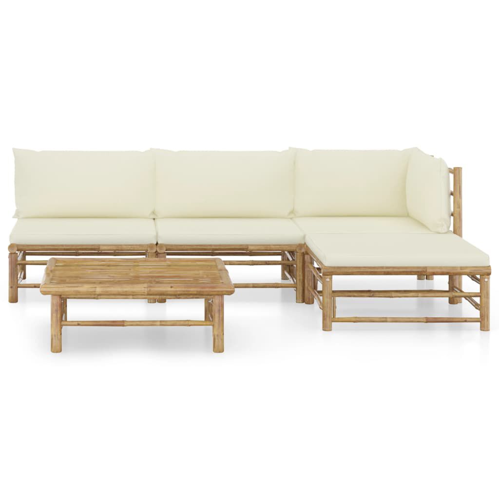 vidaXL 5 Piece Garden Lounge Set with Cream White Cushions Bamboo