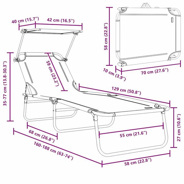 vidaXL Folding Sun Lounger with Canopy Steel Grey
