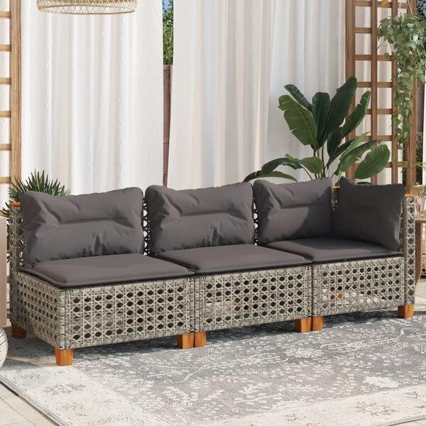 vidaXL Garden Sofa with Cushions 3-Seater Grey Poly Rattan