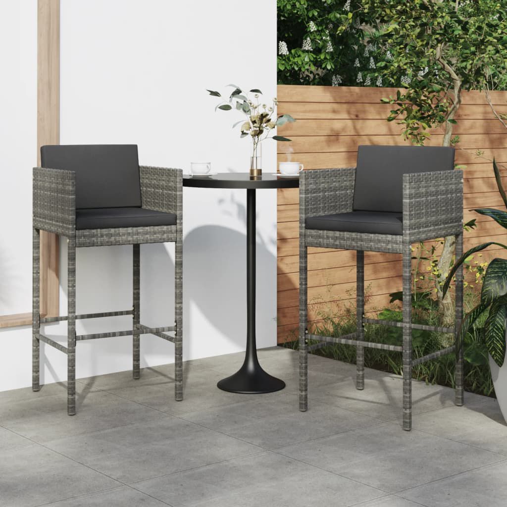 vidaXL Bar Stools 2 pcs with Cushions Grey Poly Rattan