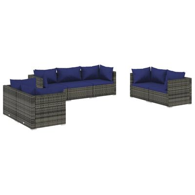 vidaXL 7 Piece Garden Lounge Set with Cushions Poly Rattan Grey, grey and dark blue vidaXL 7 Piece Garden Lounge Set with Cushions Poly Rattan Grey