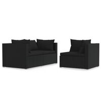 vidaXL 3 Piece Garden Lounge Set with Cushions Black Poly Rattan, black vidaXL 3 Piece Garden Lounge Set with Cushions Black Poly Rattan