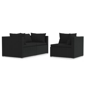 vidaXL 3 Piece Garden Lounge Set with Cushions Black Poly Rattan