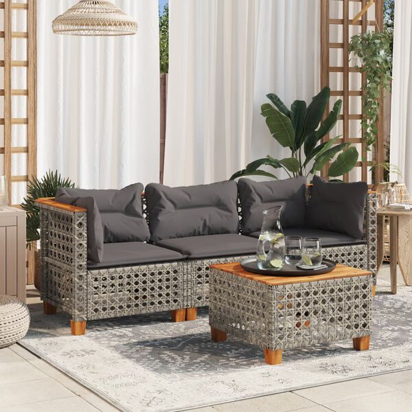 vidaXL Garden Sofa with Cushions 3-Seater Grey Poly Rattan