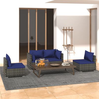 vidaXL 4 Piece Garden Lounge Set with Cushions Poly Rattan Grey, grey and dark blue vidaXL 4 Piece Garden Lounge Set with Cushions Poly Rattan Grey