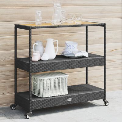 vidaXL Bar Cart 3-Tier Black Poly Rattan and Solid Wood Acacia, black and brown vidaXL Bar Cart 3-Tier Black Poly Rattan and Solid Wood Acacia