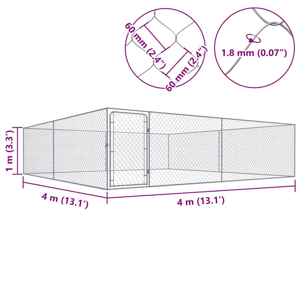 vidaXL Outdoor Dog Kennel Galvanised Steel 4x4x1 m