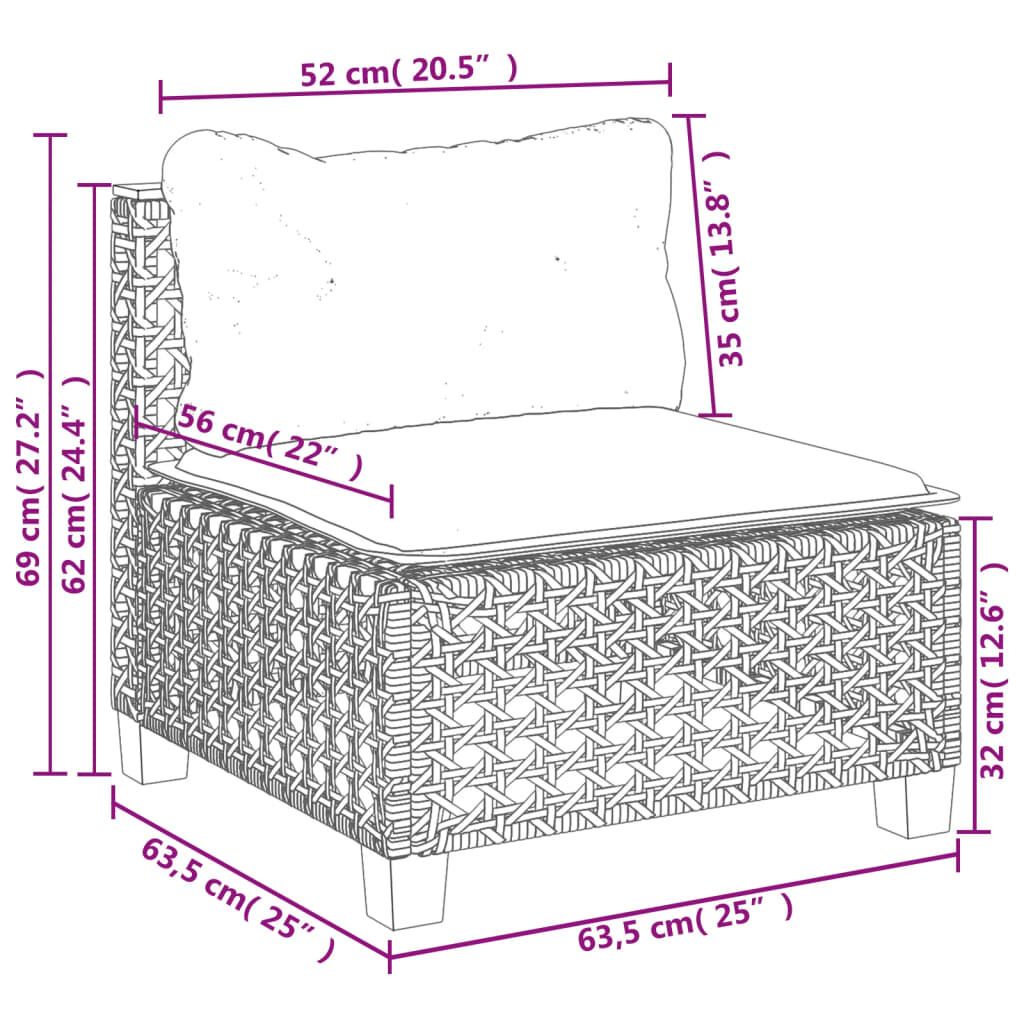 vidaXL Garden Sofa Armless with Cushions Grey Poly Rattan