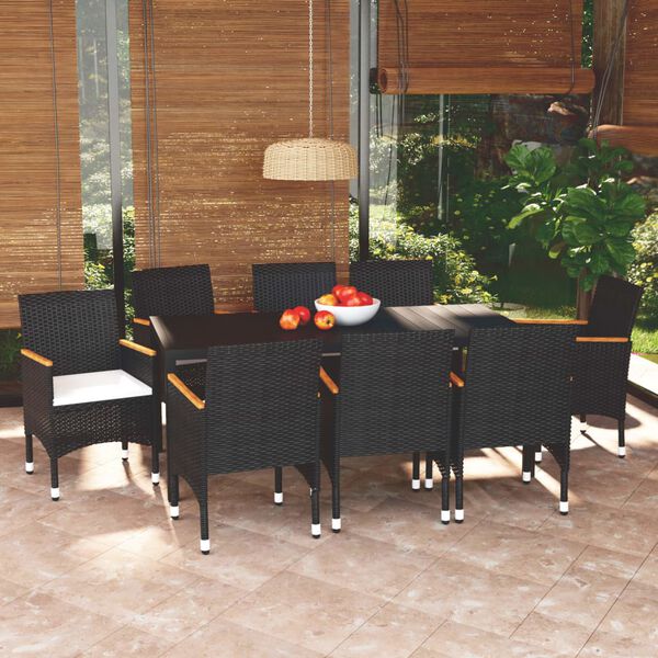 vidaXL 9 Piece Garden Dining Set with Cushions Poly Rattan Black