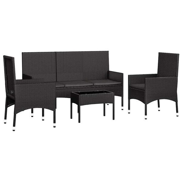 vidaXL 4 Piece Garden Lounge Set with Cushions Black Poly Rattan