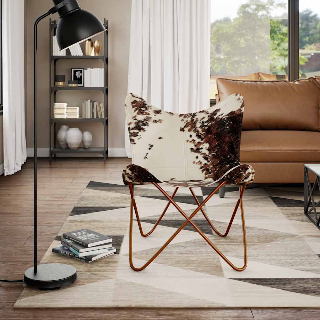 vidaXL Butterfly Chair Brown and White Real Cowhide Leather
