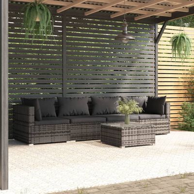 vidaXL 5 Piece Garden Lounge Set with Cushions Poly Rattan Grey, grey and anthracite vidaXL 5 Piece Garden Lounge Set with Cushions Poly Rattan Grey