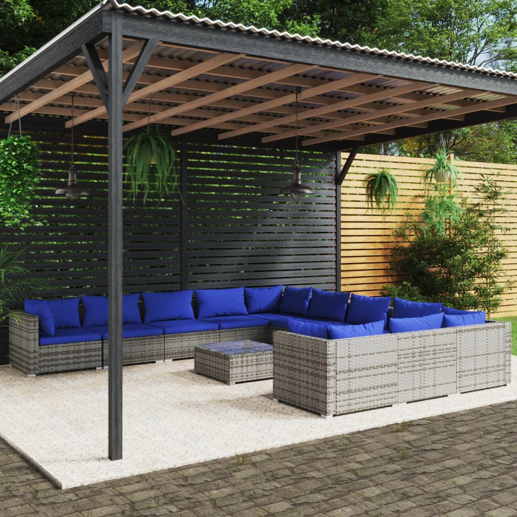 vidaXL 12 Piece Garden Lounge Set with Cushions Poly Rattan Grey